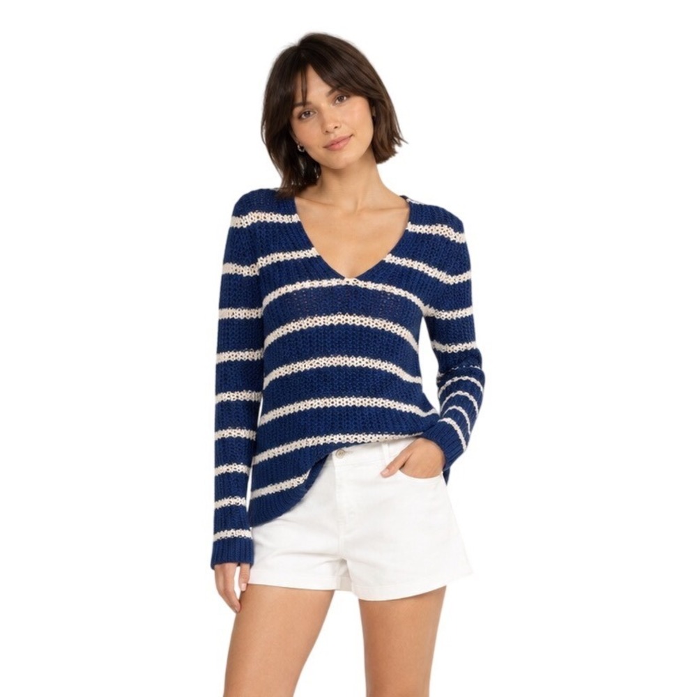 Banana Republic 100% Italian Linen Open Knit Sweater Blue White Stripe Size S